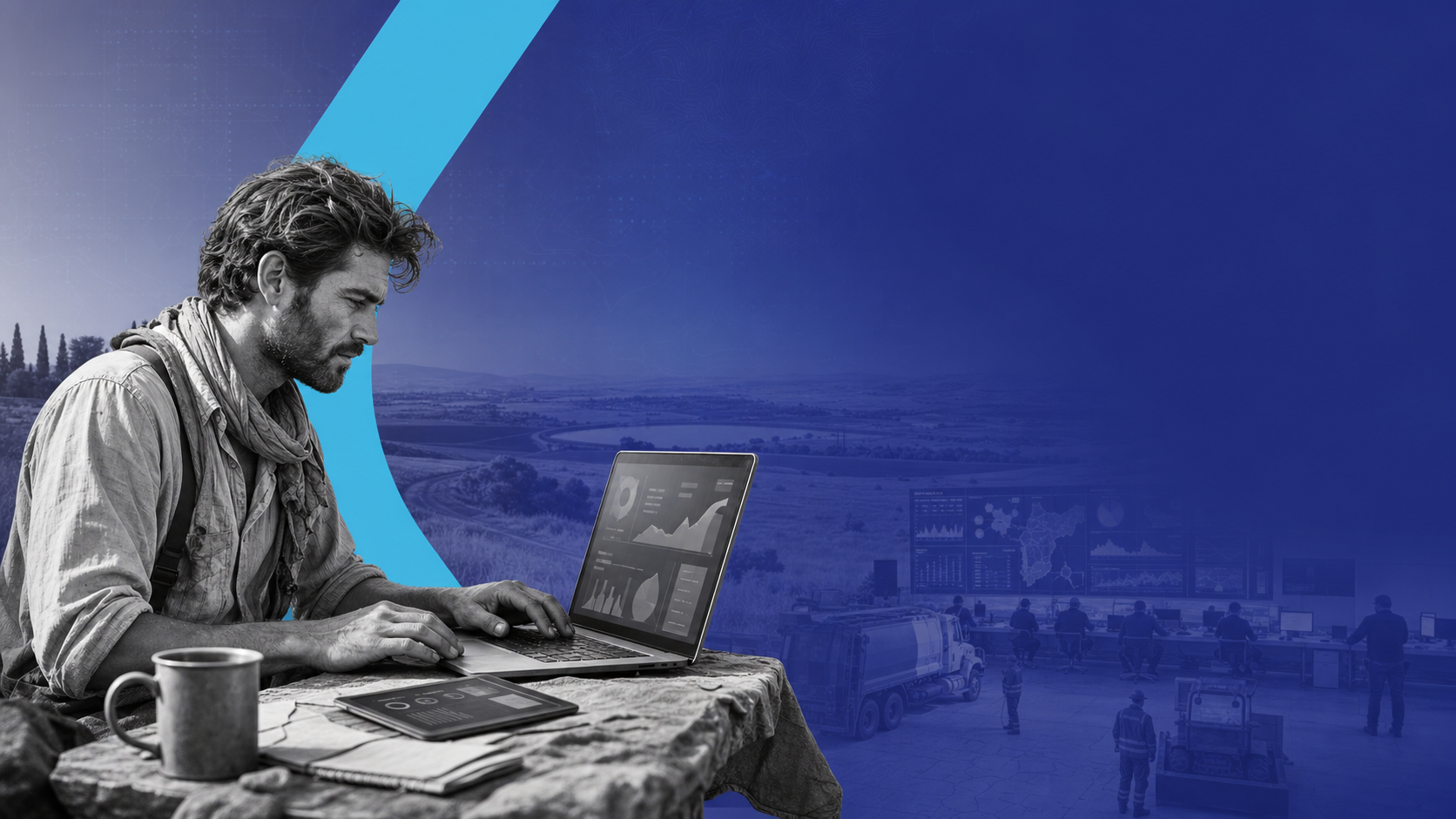 איש טכנולוגיה בשטח עם מחשב נייד על רקע נוף כחול